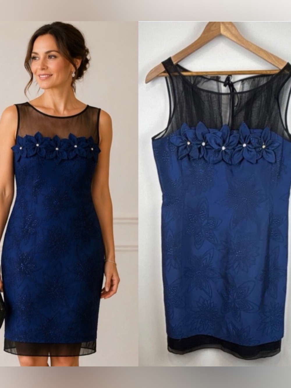 VTG Kay Unger Blue Cocktail Dress Sz 8 Beaded Mesh Sheath Glam Whimsy Dark